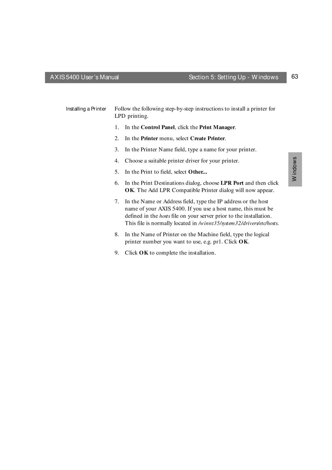 Axis Communications user manual Axis 5400 User’s Manual Setting Up Windows 