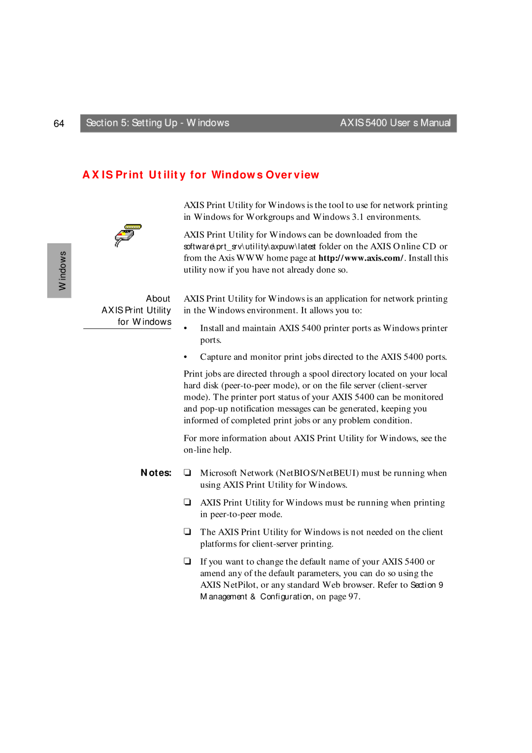 Axis Communications 5400 user manual Axis Print Utility for Windows Overview, For Windows 