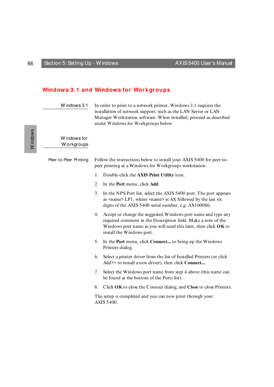 Axis Communications 5400 user manual Windows 3.1 and Windows for Workgroups 