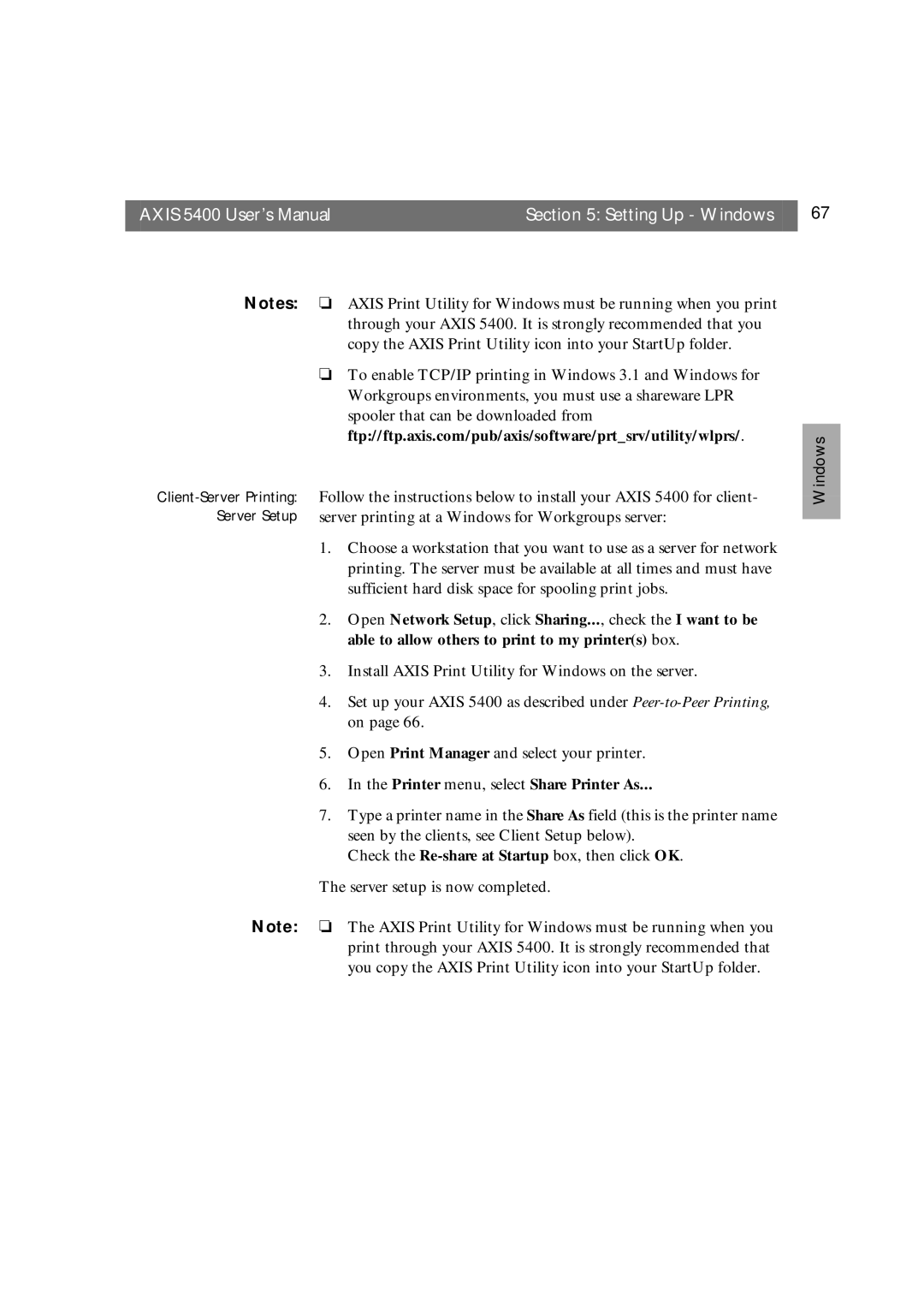 Axis Communications 5400 user manual Printer menu, select Share Printer As 