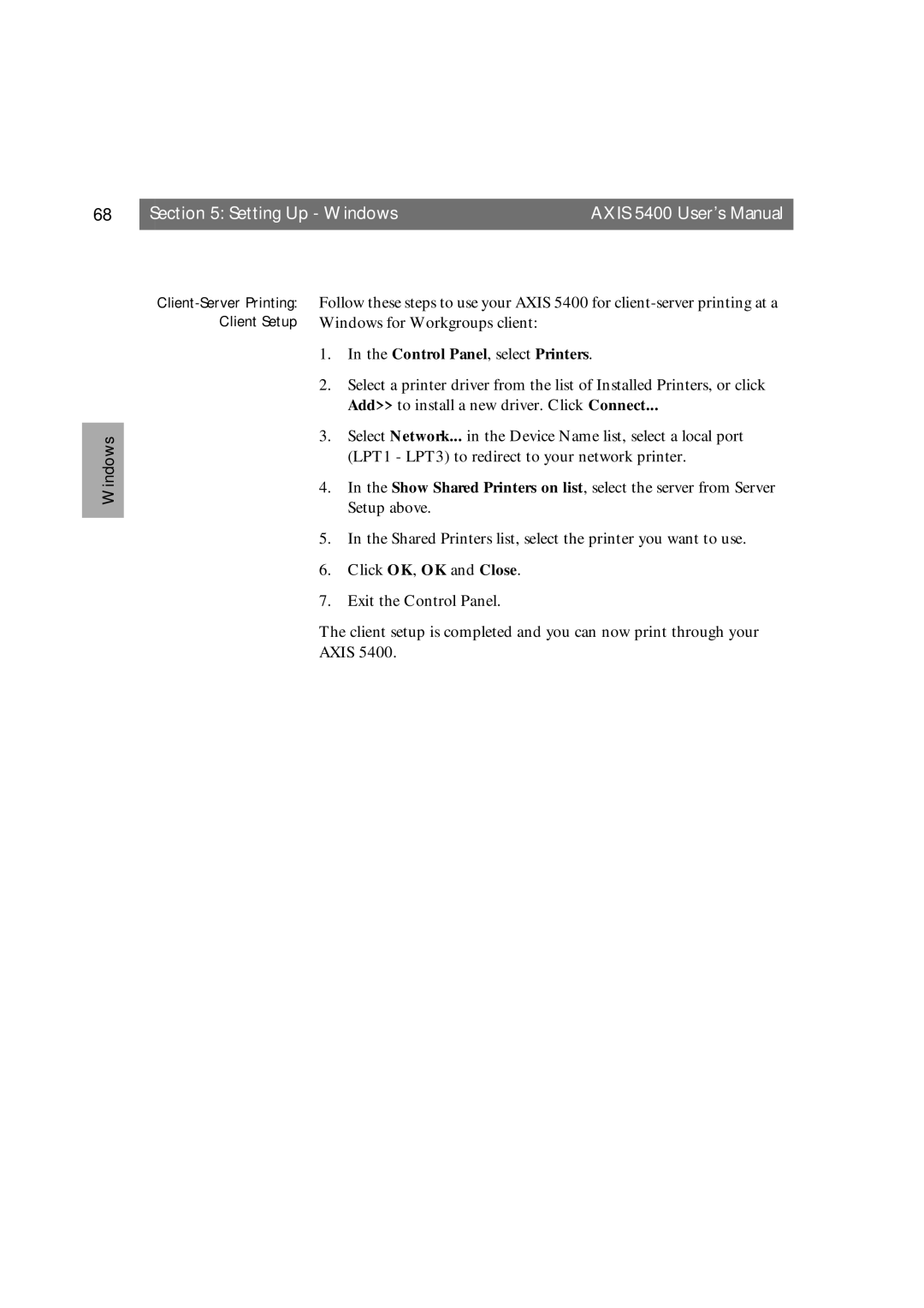 Axis Communications 5400 user manual Control Panel, select Printers 