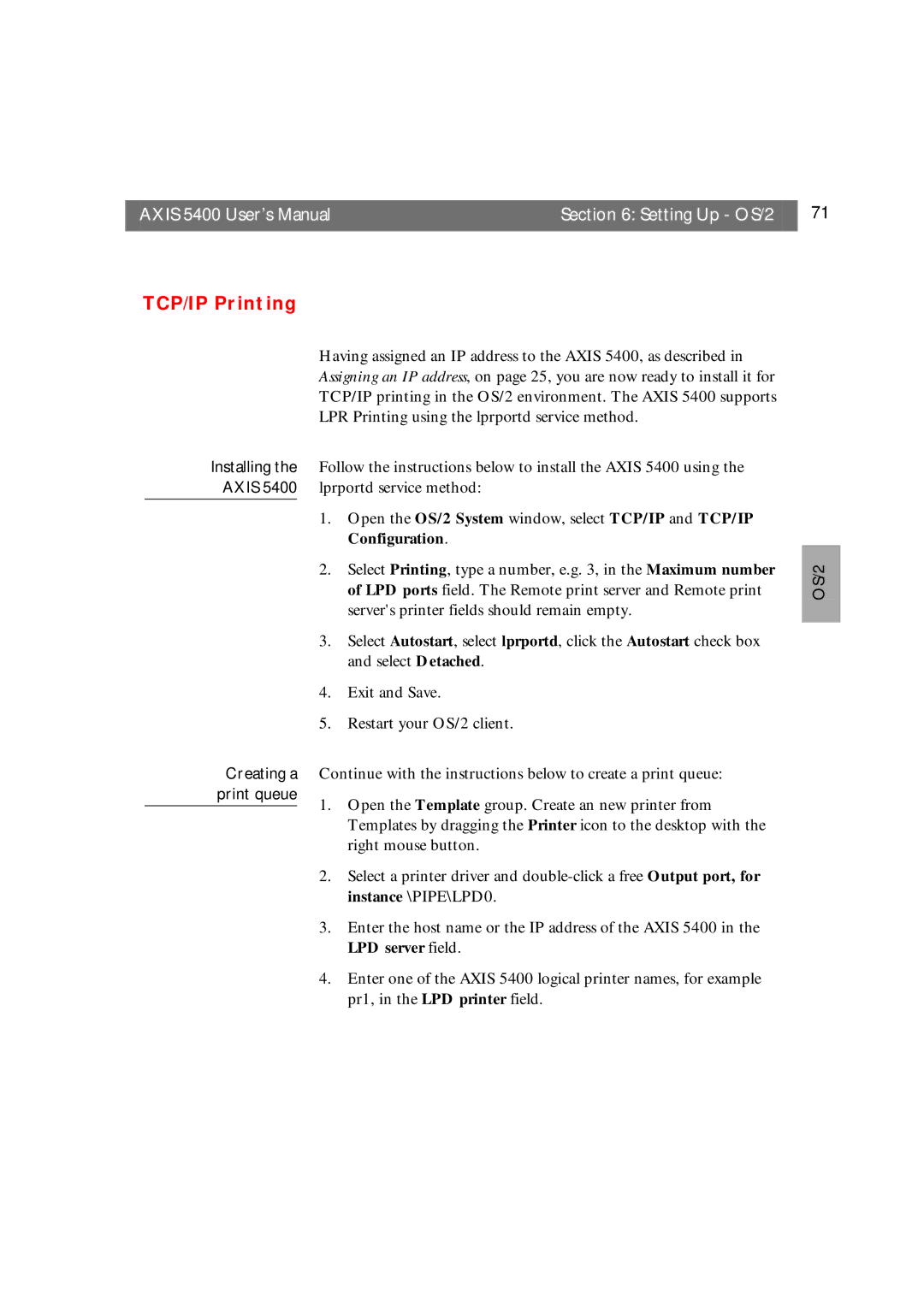 Axis Communications user manual Axis 5400 User’s Manual Setting Up OS/2, TCP/IP Printing, Print queue 