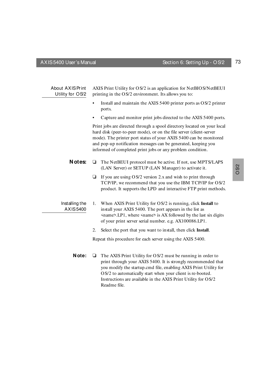 Axis Communications user manual Axis 5400 User’s Manual Setting Up OS/2 