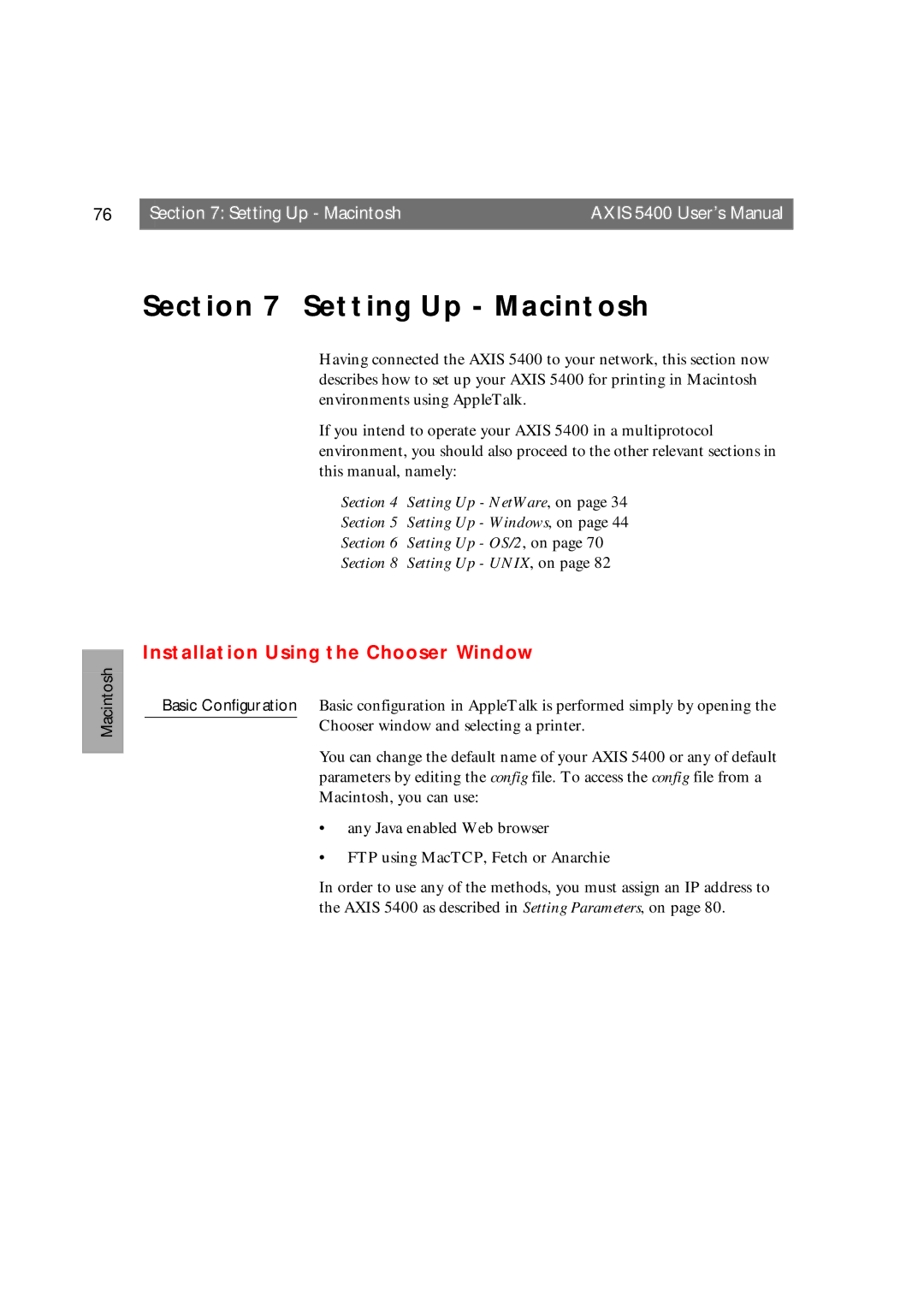 Axis Communications 5400 user manual Setting Up Macintosh, Installation Using the Chooser Window 