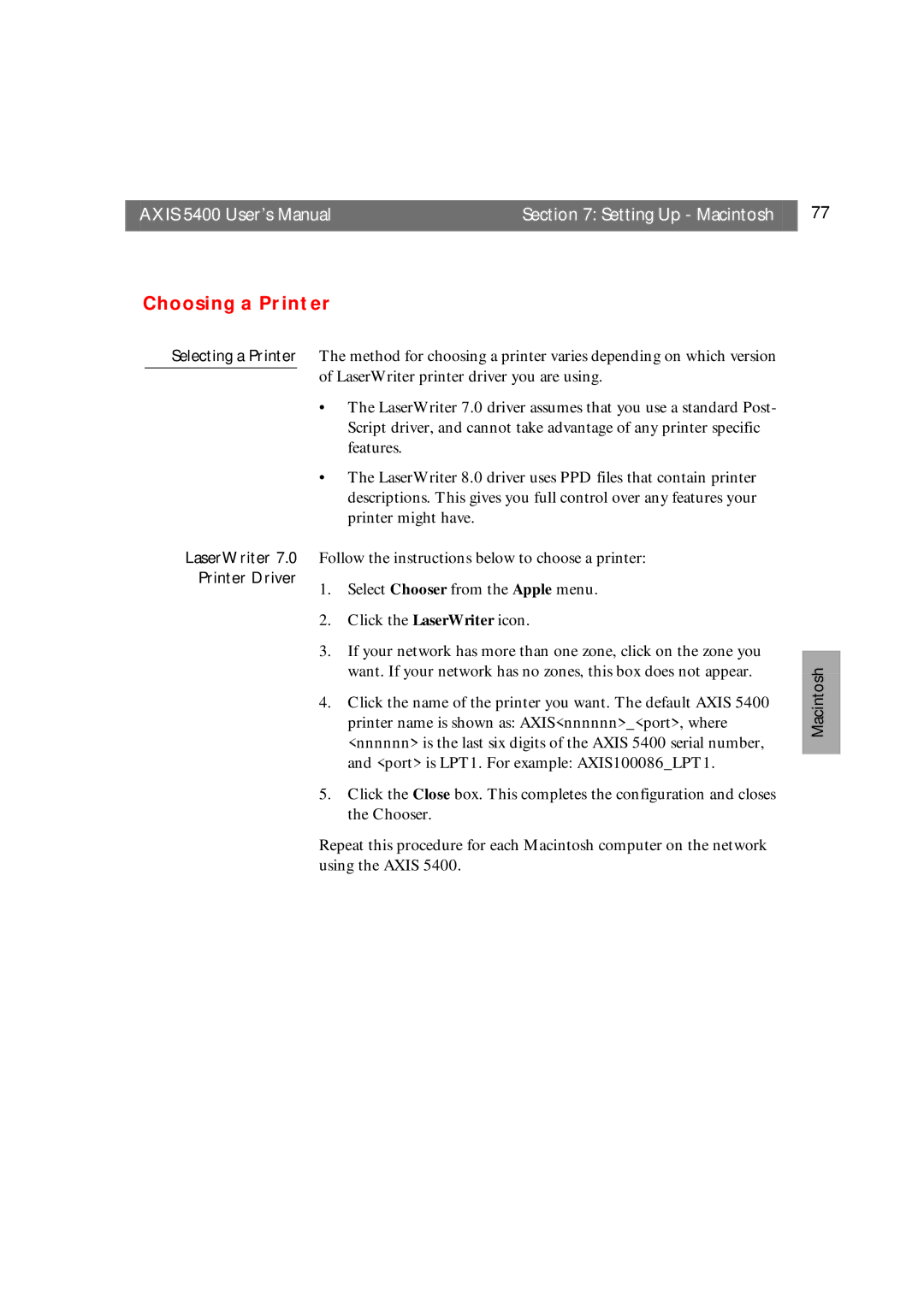 Axis Communications user manual Axis 5400 User’s Manual Setting Up Macintosh, Choosing a Printer, Printer Driver 