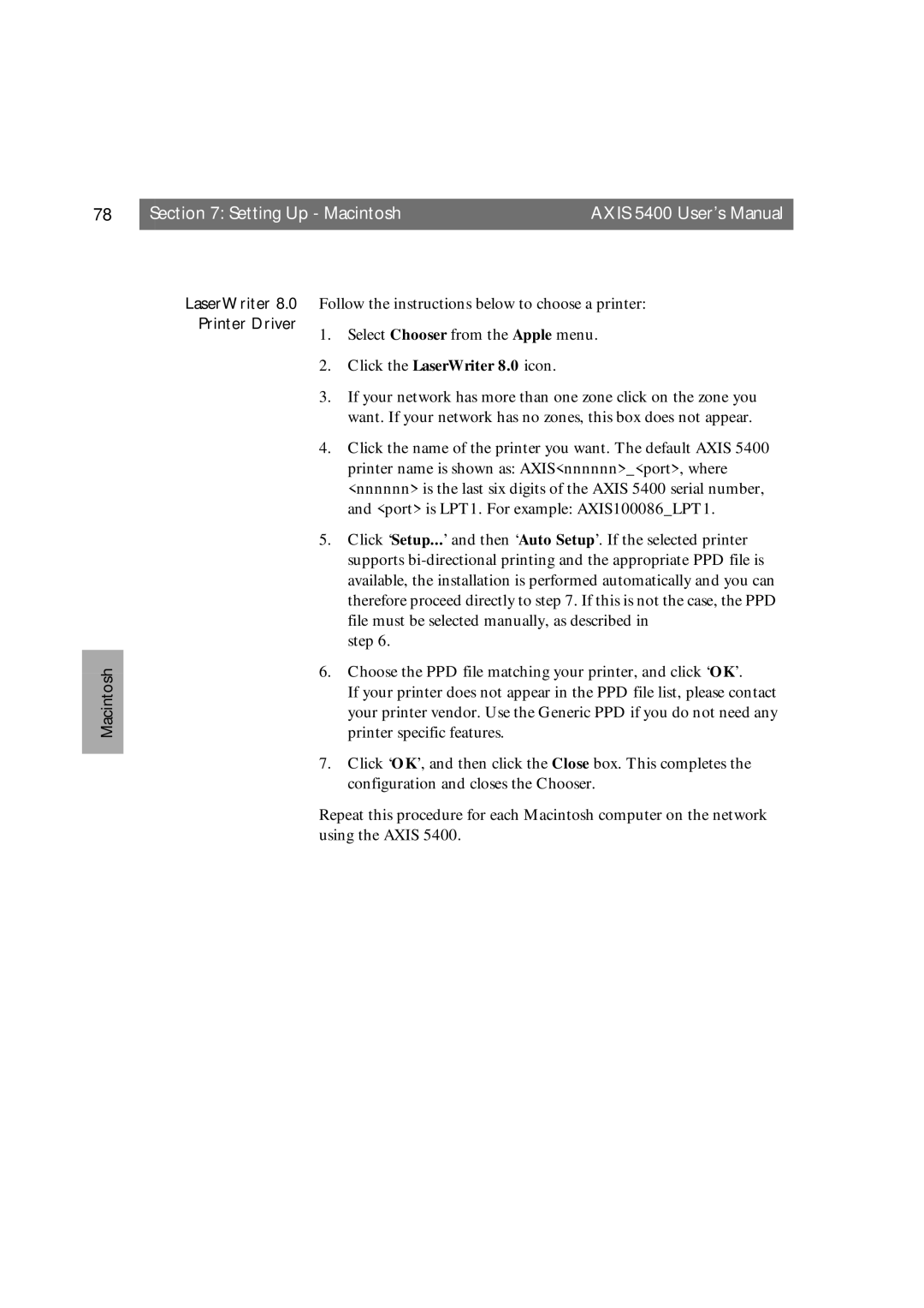 Axis Communications 5400 user manual Setting Up Macintosh 