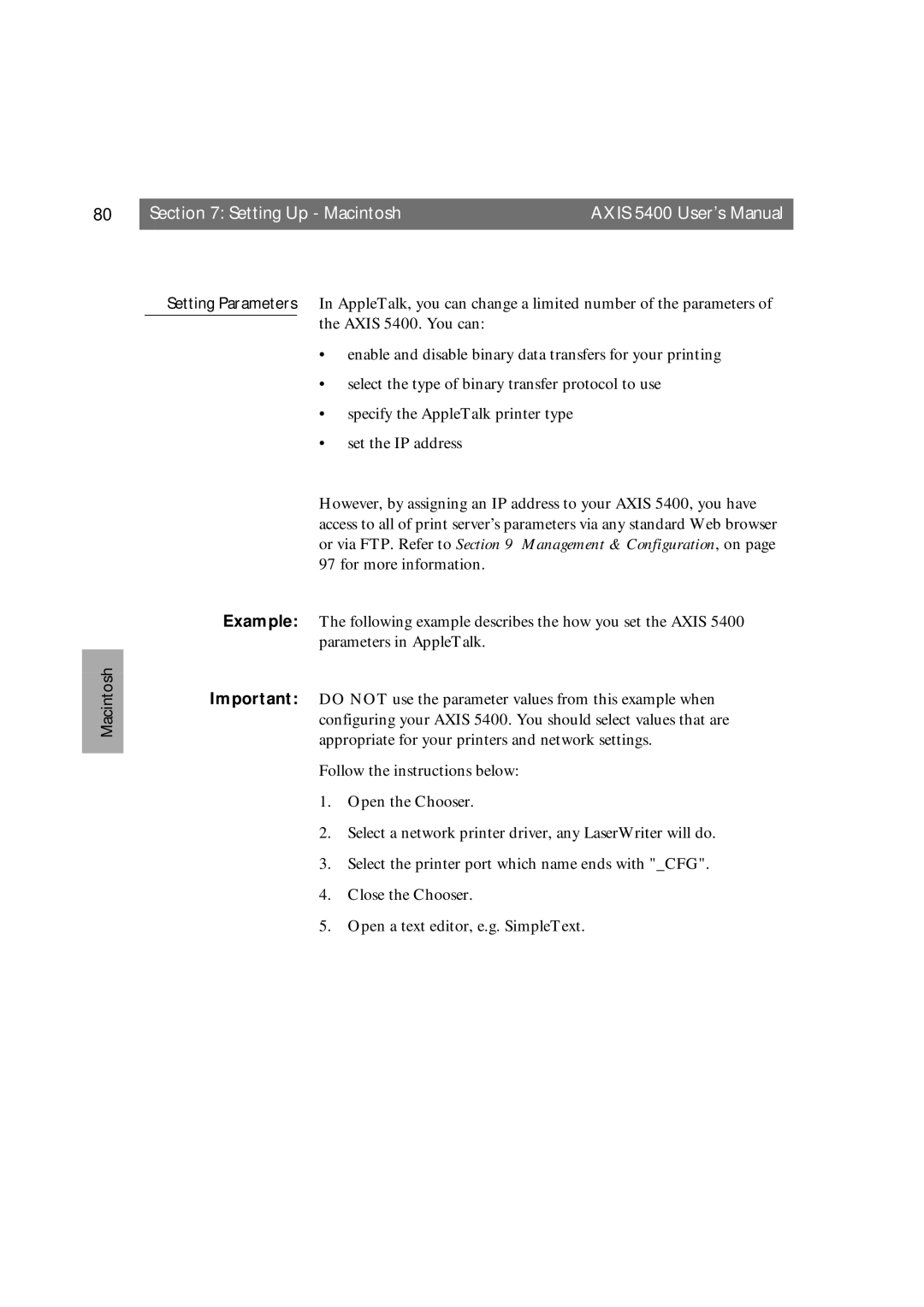 Axis Communications 5400 user manual Setting Up Macintosh 