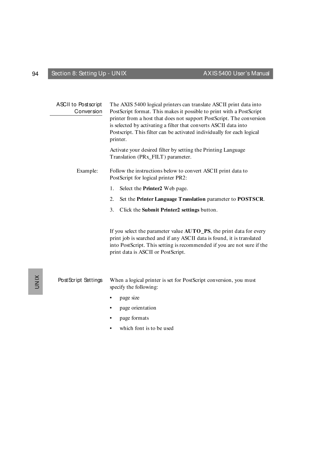 Axis Communications 5400 user manual Setting Up Unix 