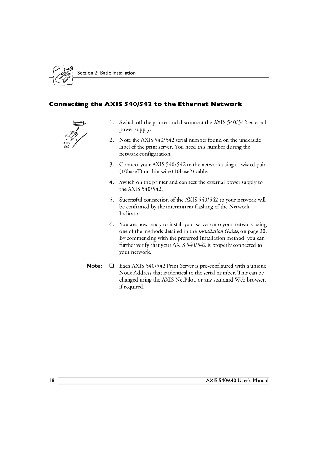 Axis Communications 540/640 manual Connecting the Axis 540/542 to the Ethernet Network 