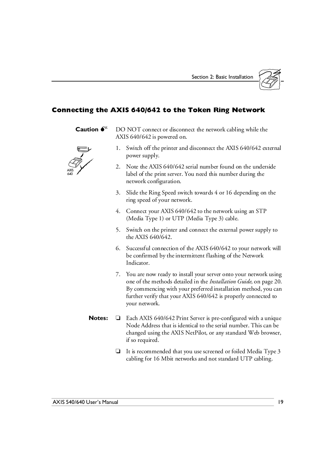 Axis Communications 540/640 manual Connecting the Axis 640/642 to the Token Ring Network 