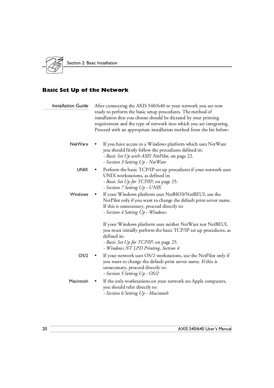 Axis Communications 540/640 manual Basic Set Up of the Network, Basic Set Up with Axis NetPilot, on Setting Up NetWare 