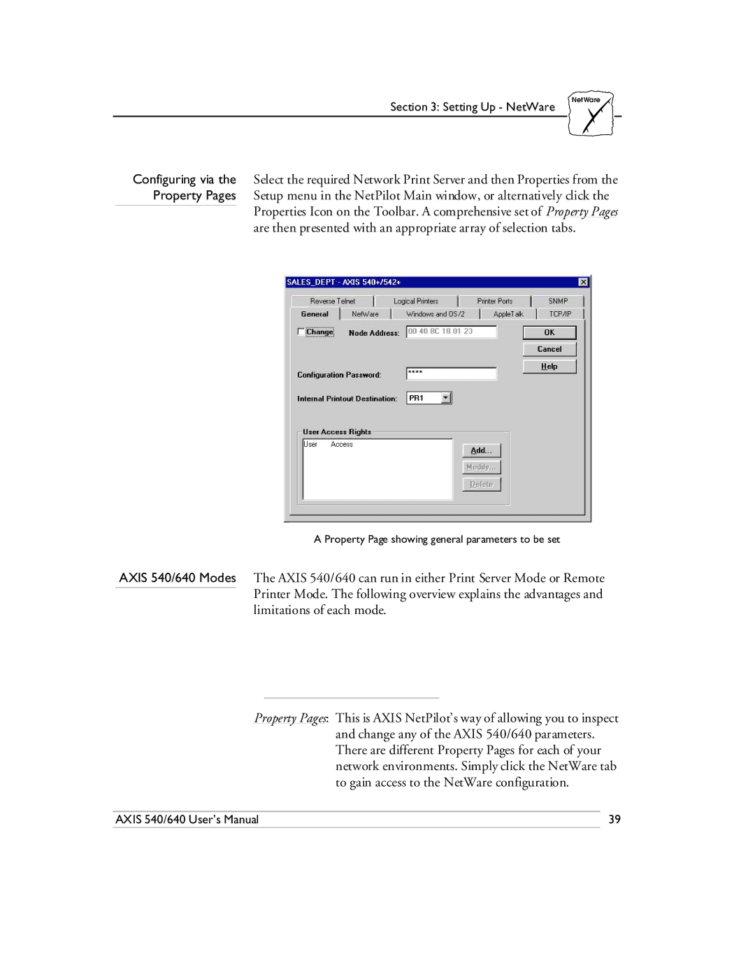 Axis Communications 540/640 manual Property Page showing general parameters to be set 