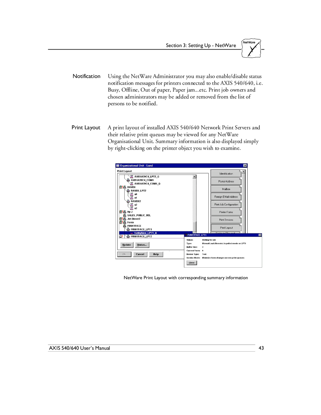 Axis Communications 540/640 manual NetWare Print Layout with corresponding summary information 