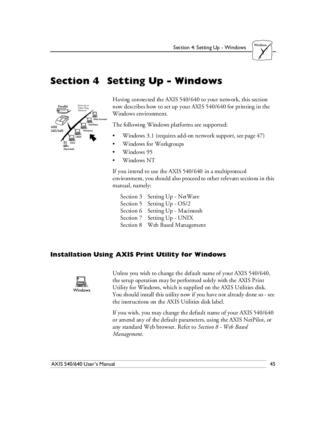 Axis Communications 540/640 manual Setting Up Windows, Installation Using Axis Print Utility for Windows 