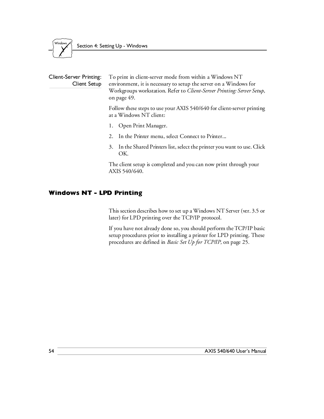 Axis Communications 540/640 manual Windows NT LPD Printing 