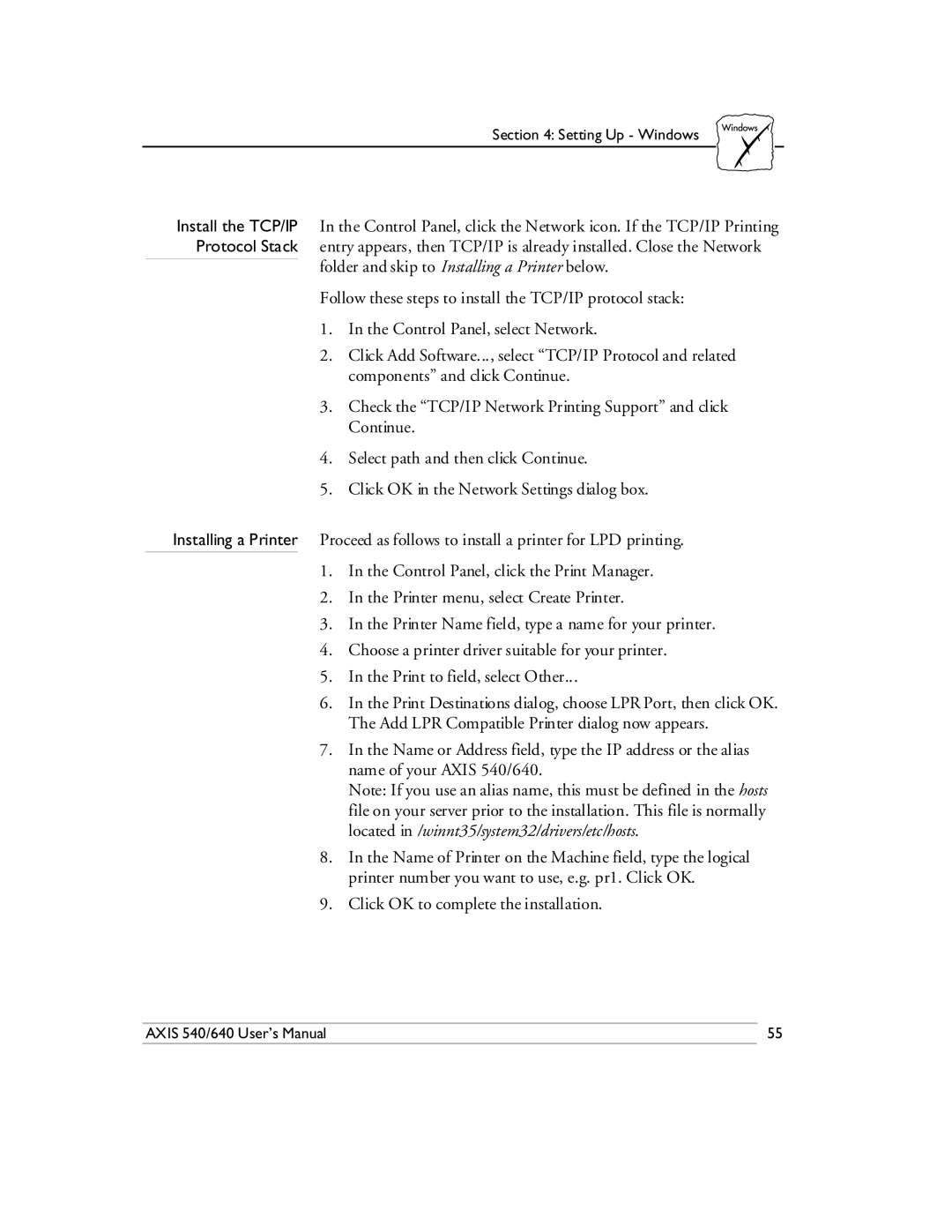 Axis Communications 540/640 manual Setting Up Windows 