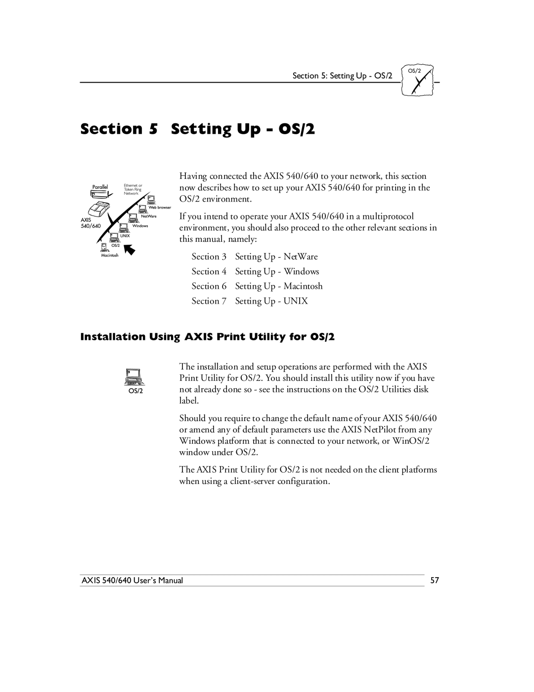 Axis Communications 540/640 manual Setting Up OS/2, Installation Using Axis Print Utility for OS/2 