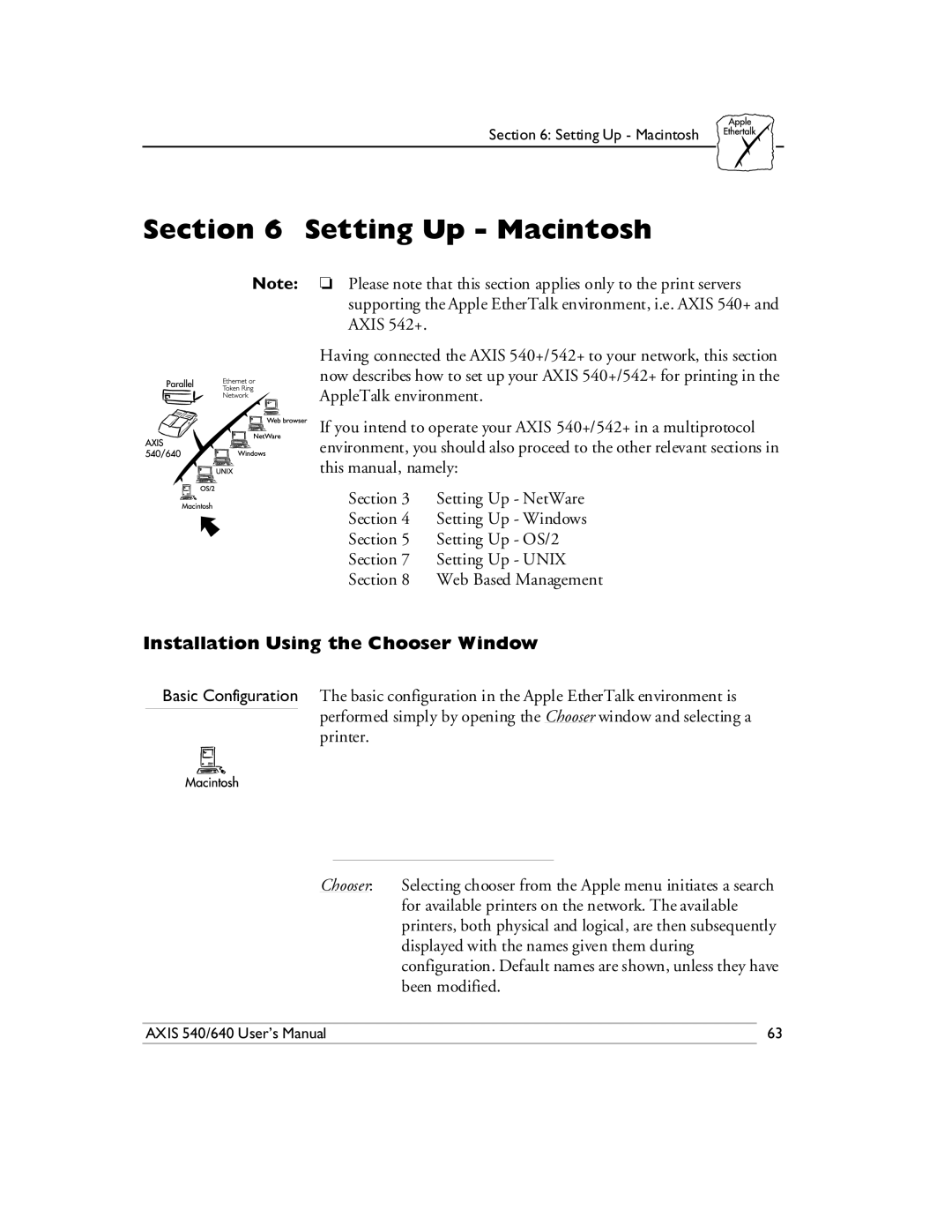 Axis Communications 540/640 manual Setting Up Macintosh, Installation Using the Chooser Window 