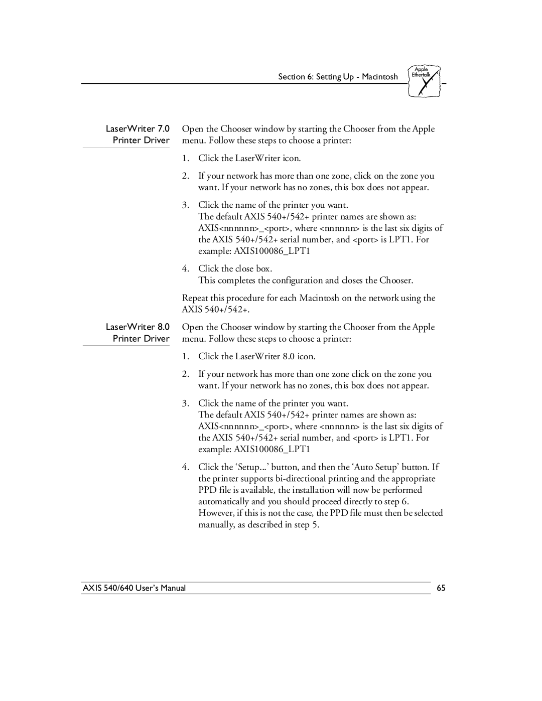 Axis Communications 540/640 manual Setting Up Macintosh 