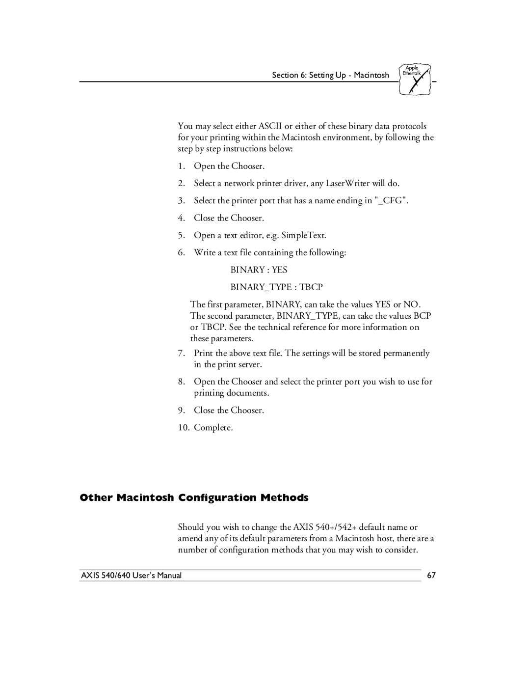 Axis Communications 540/640 manual Other Macintosh Configuration Methods, Binary YES Binarytype Tbcp 