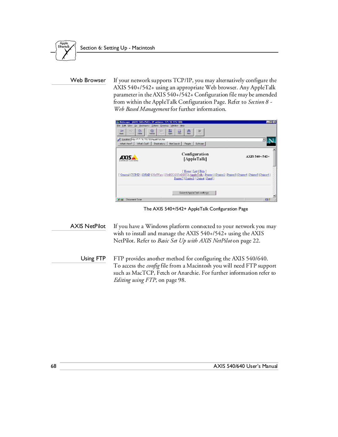 Axis Communications 540/640 manual Axis 540+/542+ AppleTalk Configuration 