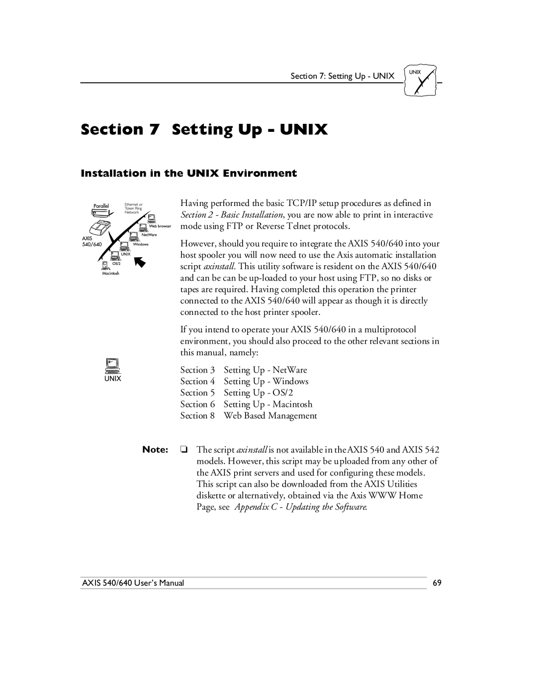 Axis Communications 540/640 manual Setting Up Unix, Installation in the Unix Environment 