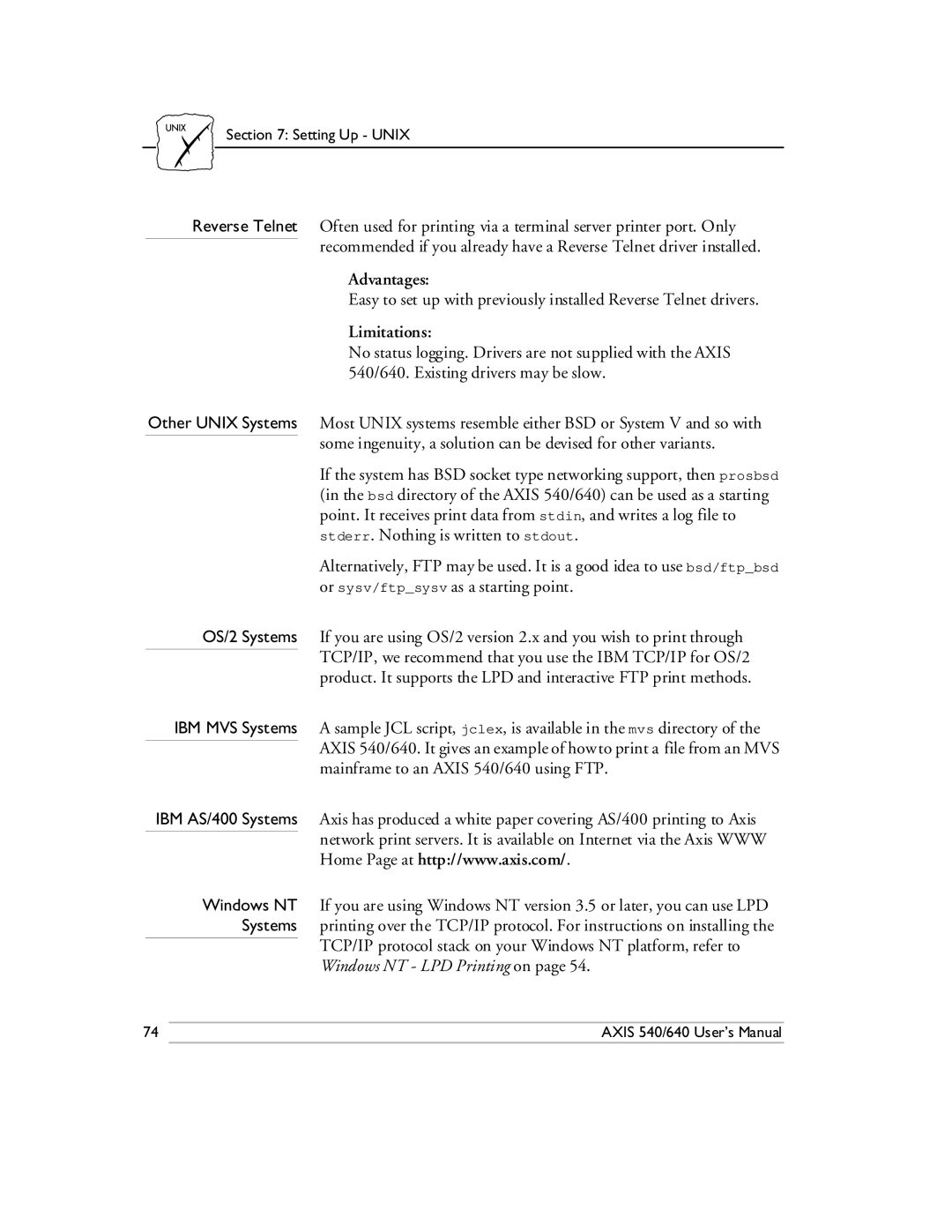 Axis Communications 540/640 manual Reverse Telnet Other Unix Systems OS/2 Systems 