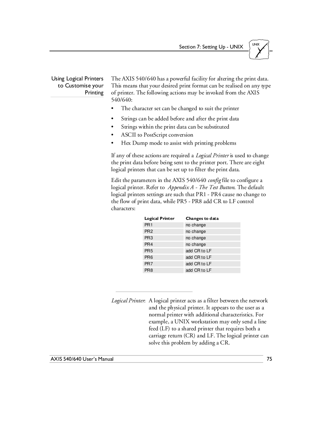 Axis Communications 540/640 manual Logical Printer Changes to data 