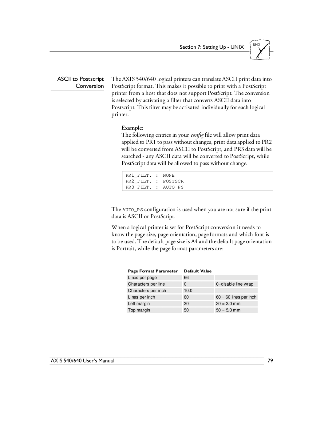 Axis Communications 540/640 manual PR1FILT. None PR2FILT. Postscr PR3FILT. Autops 