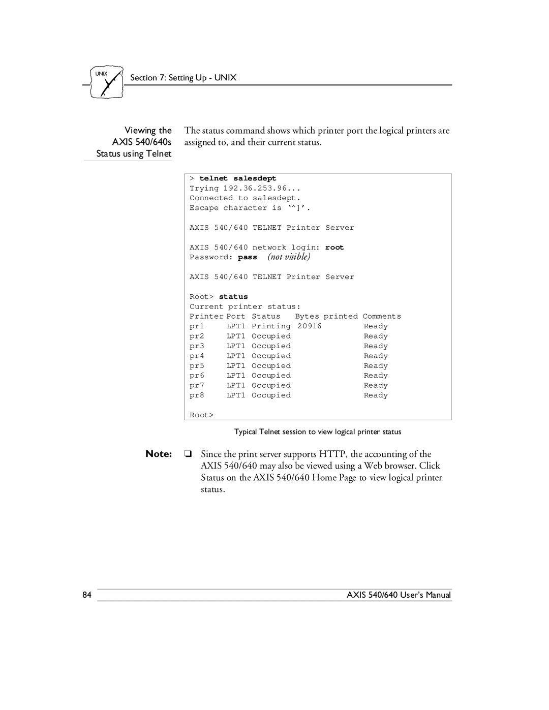 Axis Communications 540/640 manual Status using Telnet 