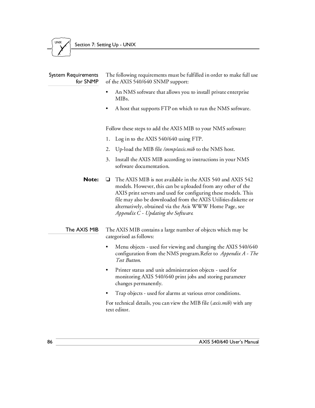 Axis Communications 540/640 manual Setting Up Unix 