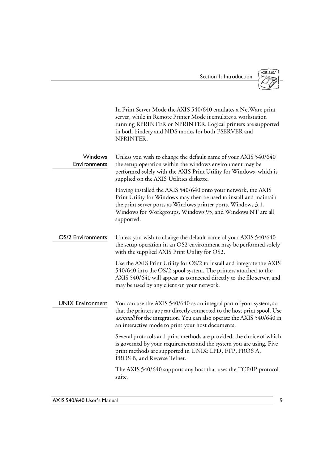 Axis Communications 540/640 manual Windows Environments OS/2 Environments Unix Environment, Nprinter 