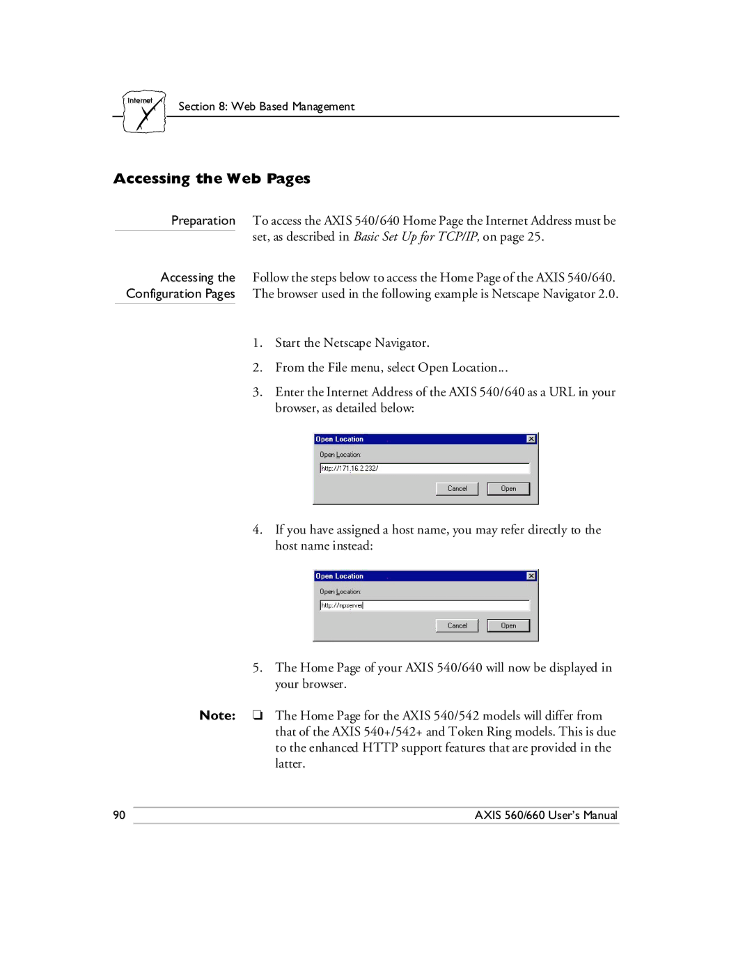 Axis Communications 540/640 manual Accessing the Web Pages 