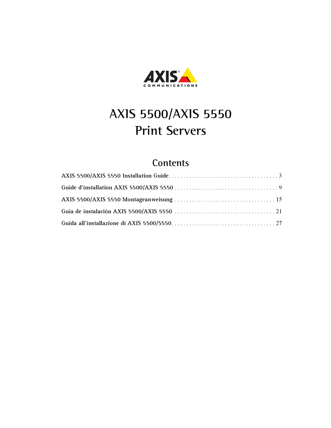 Axis Communications 5550 manual Axis 5500/AXIS Print Servers, Contents 