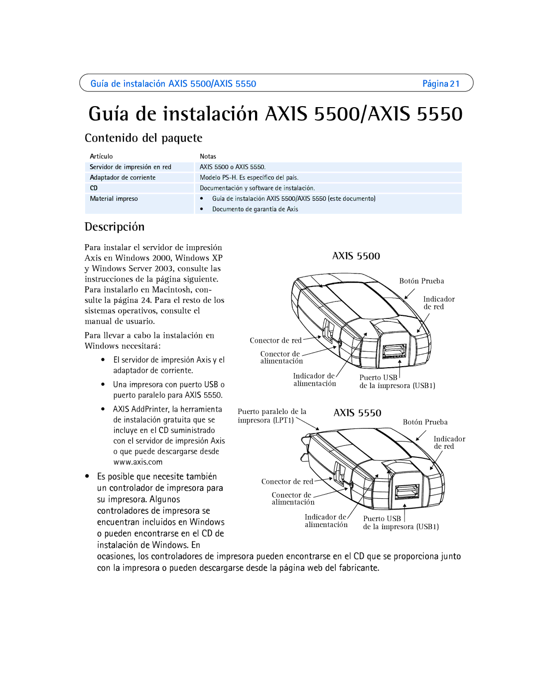 Axis Communications 5550, 5500 manual Contenido del paquete, Descripción 