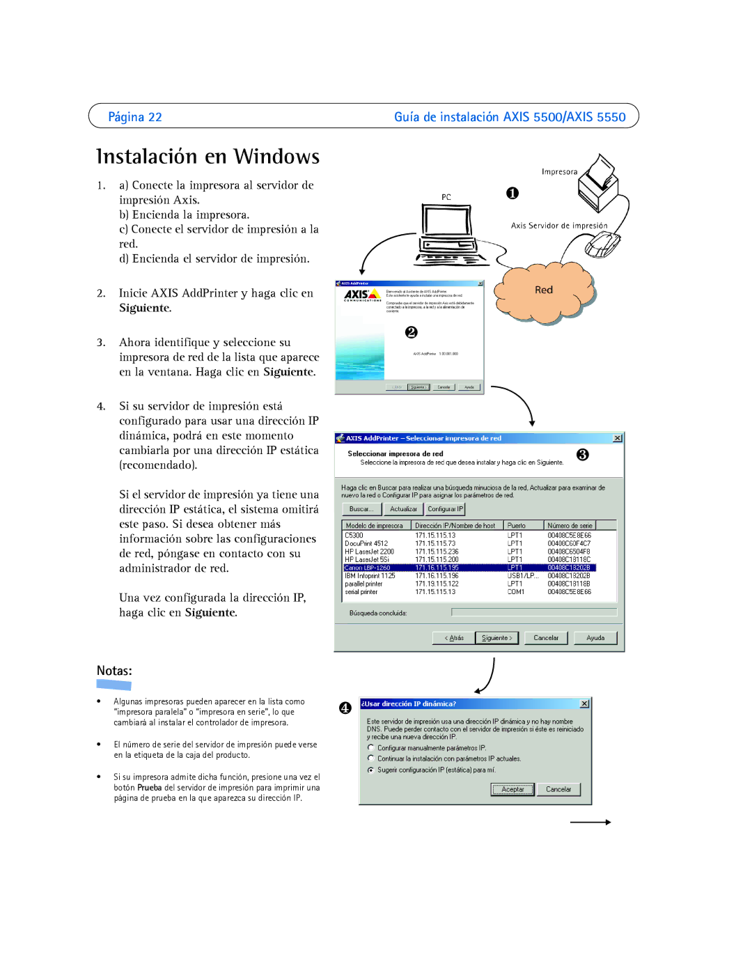 Axis Communications 5500, 5550 manual Instalación en Windows, Notas 