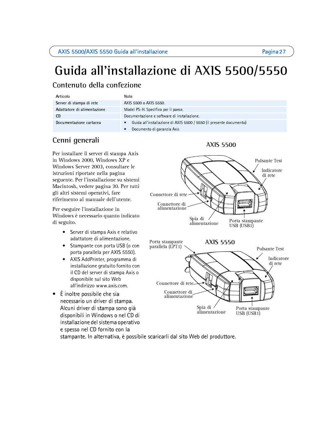 Axis Communications 5550, 5500 manual Contenuto della confezione, Cenni generali 