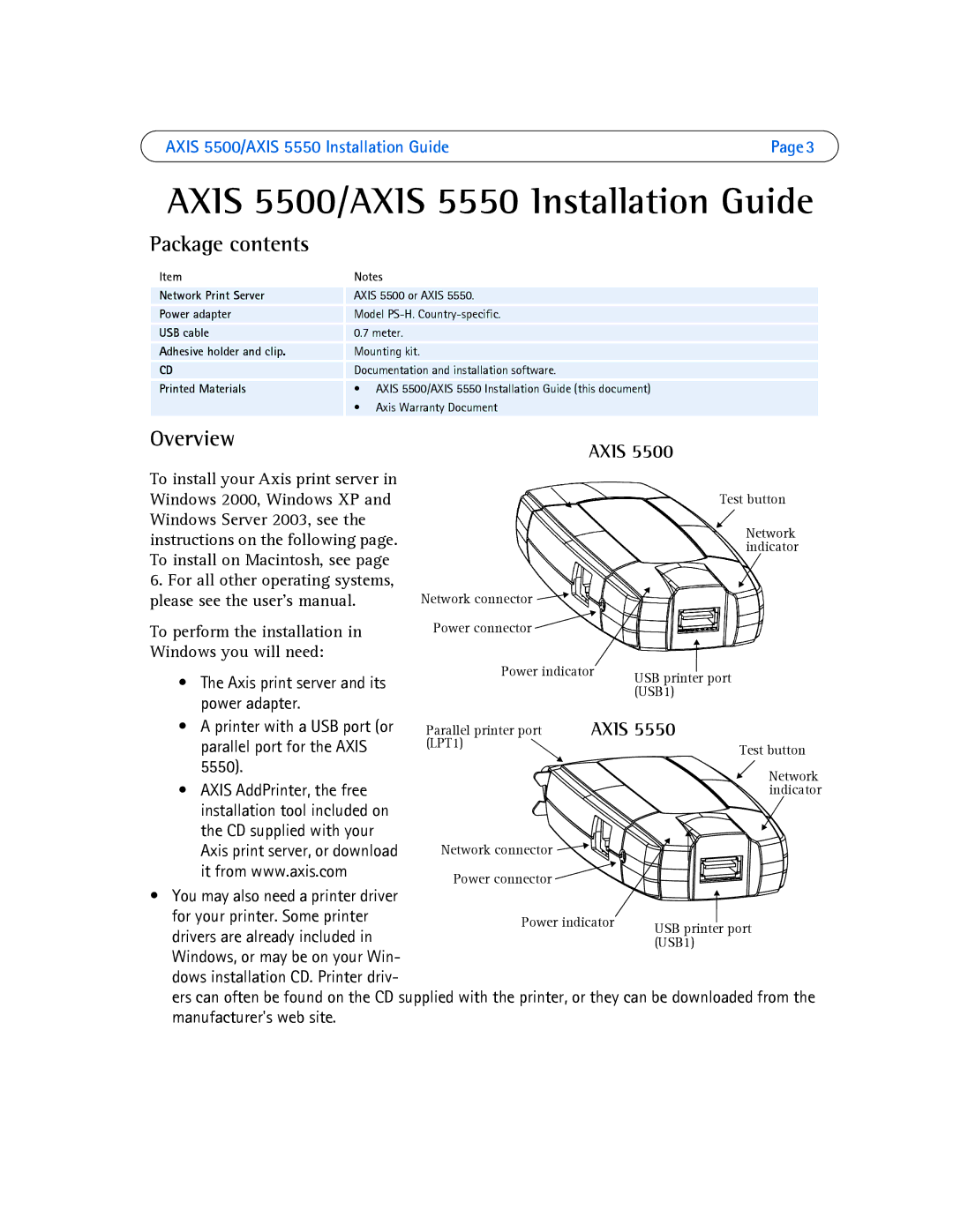 Axis Communications 5550, 5500 manual Package contents, Overview 