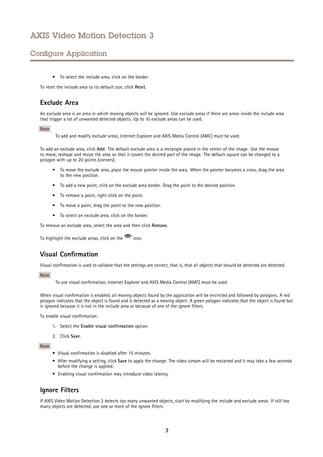 Axis Communications 61339 user manual Exclude Area, Visual Confirmation, Ignore Filters 