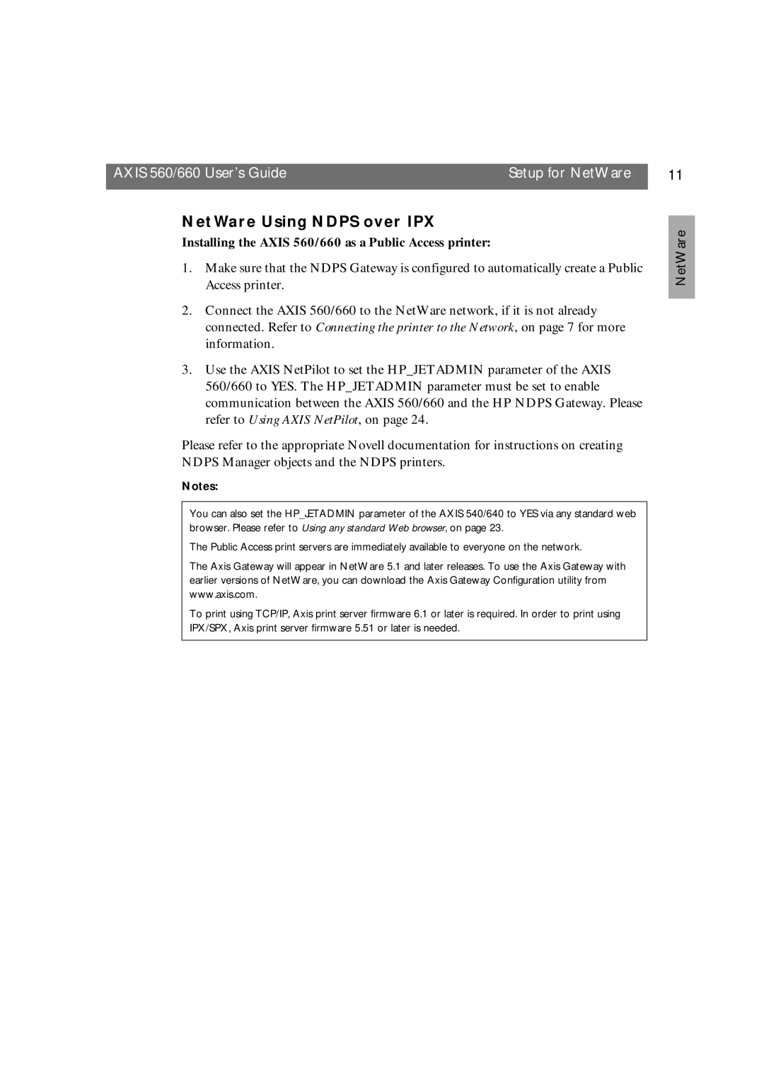 Axis Communications manual NetWare Using Ndps over IPX, Installing the Axis 560/660 as a Public Access printer 