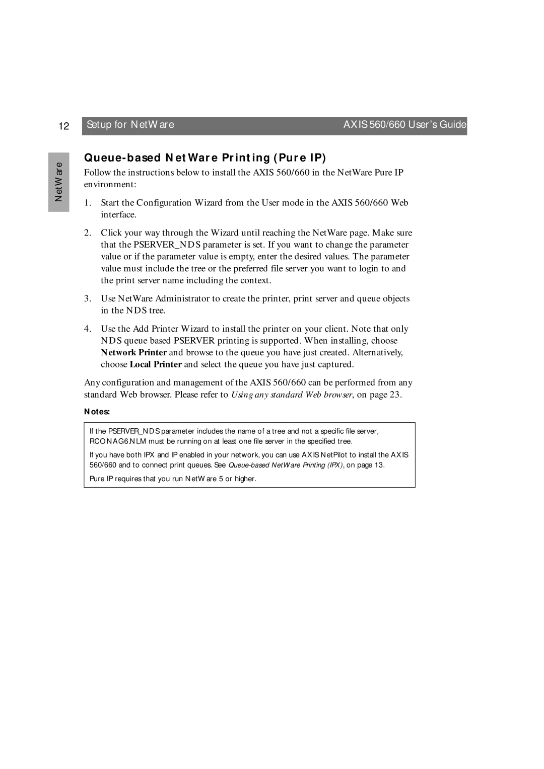 Axis Communications 660 manual Queue-based NetWare Printing Pure IP 