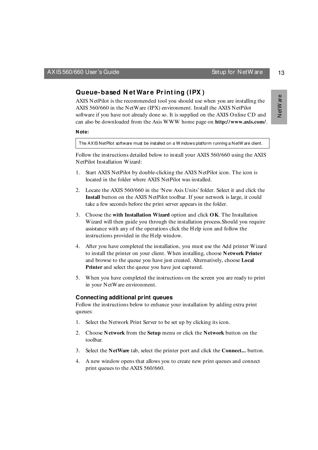 Axis Communications 660 manual Queue-based NetWare Printing IPX, Connecting additional print queues 