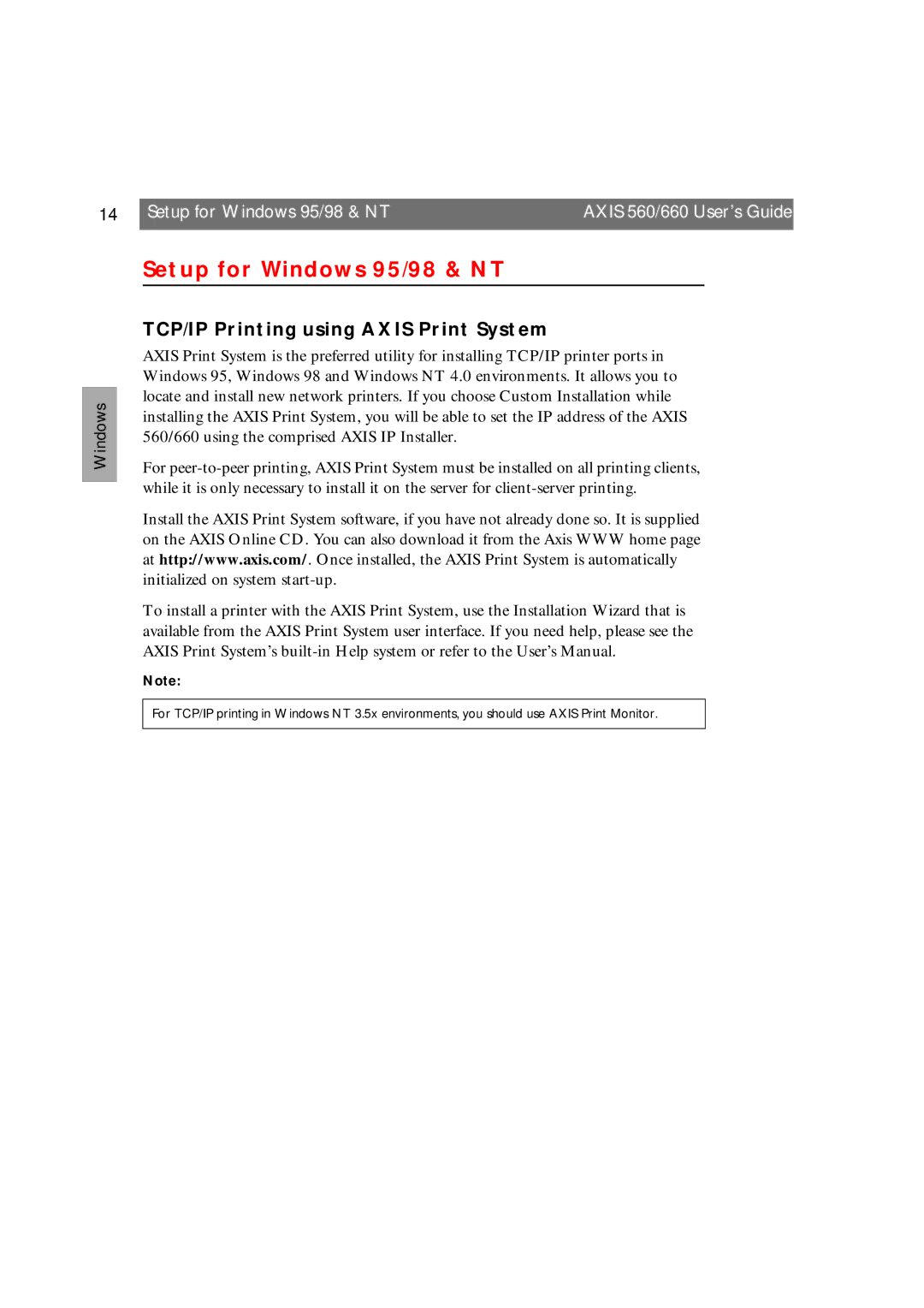 Axis Communications 660 manual Setup for Windows 95/98 & NT, TCP/IP Printing using Axis Print System 