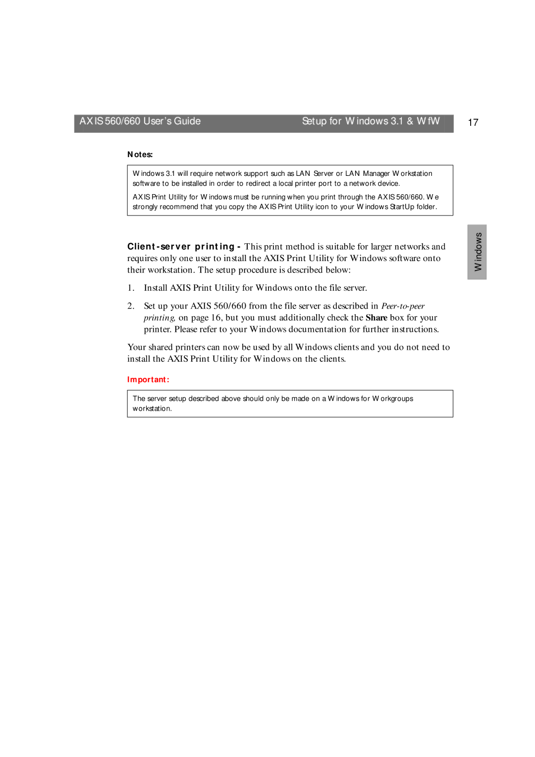 Axis Communications manual Axis 560/660 User’s Guide Setup for Windows 3.1 & WfW 