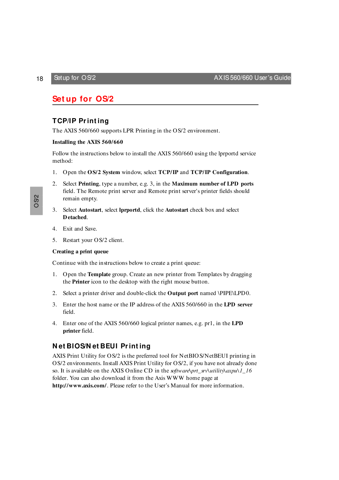 Axis Communications manual Setup for OS/2, TCP/IP Printing, Installing the Axis 560/660, Creating a print queue 