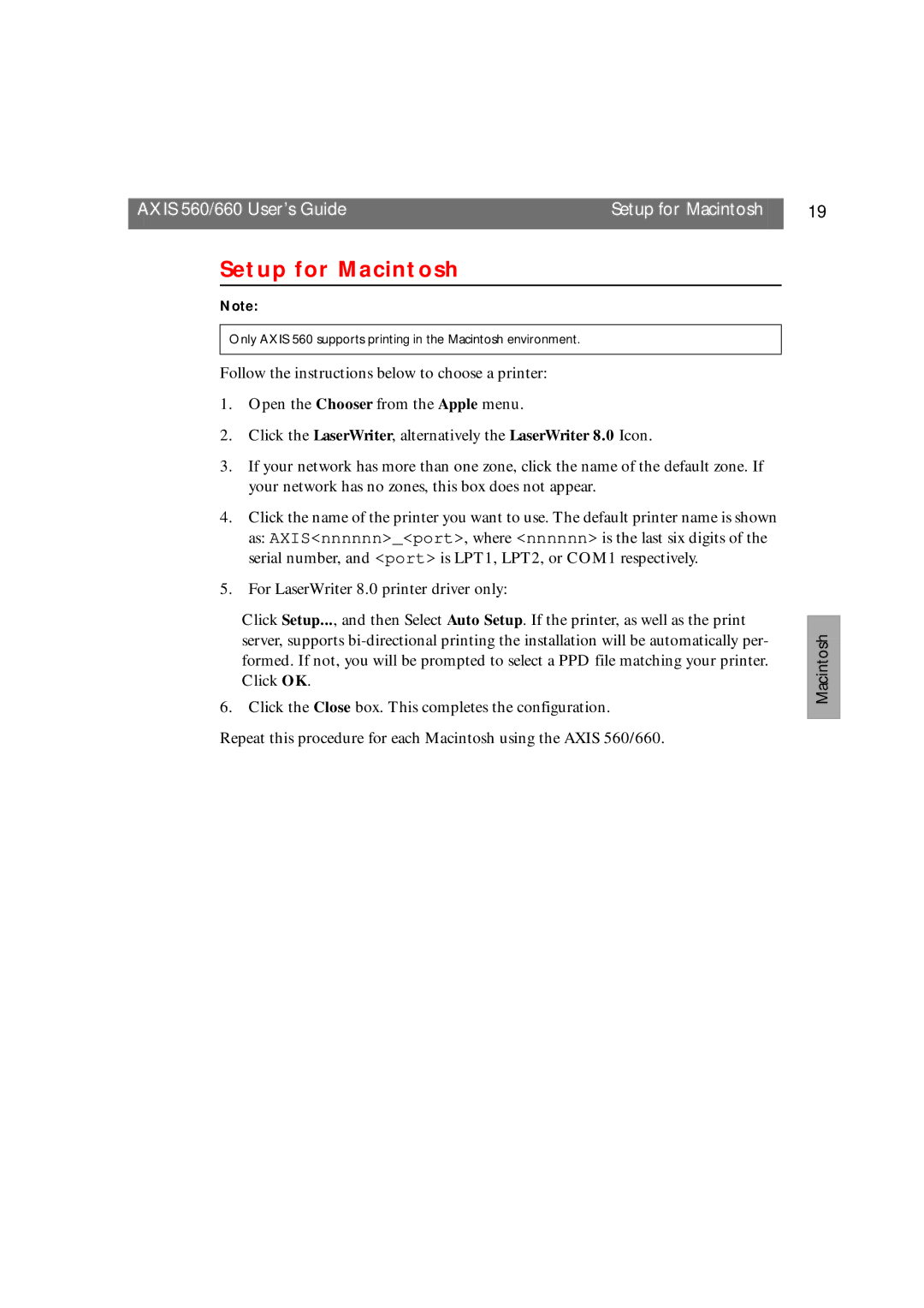 Axis Communications 660 manual Setup for Macintosh 