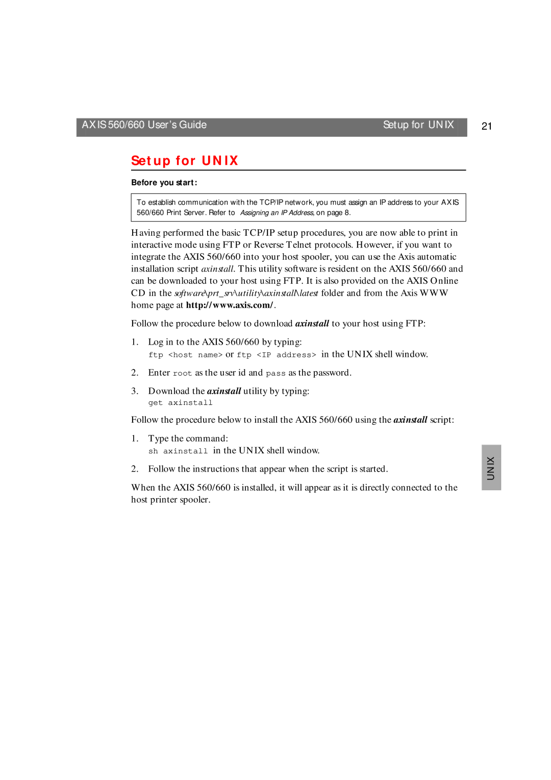 Axis Communications 660 manual Setup for Unix, Before you start 