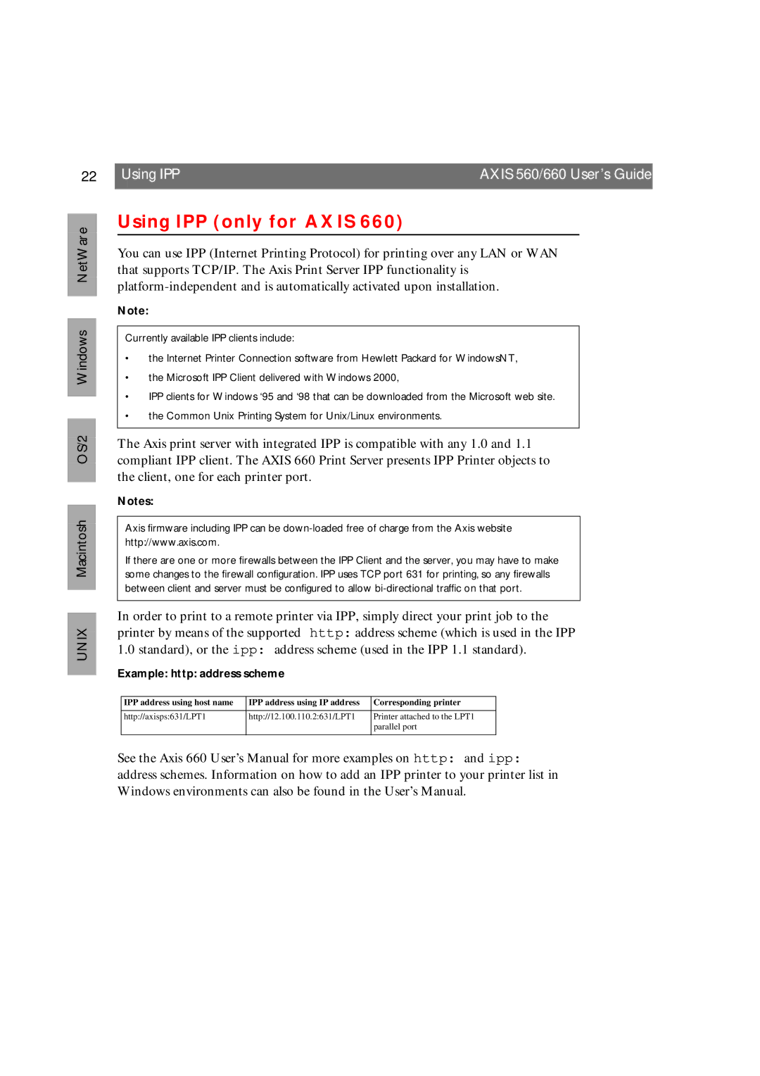 Axis Communications 660 manual Using IPP only for Axis, Example http address scheme 