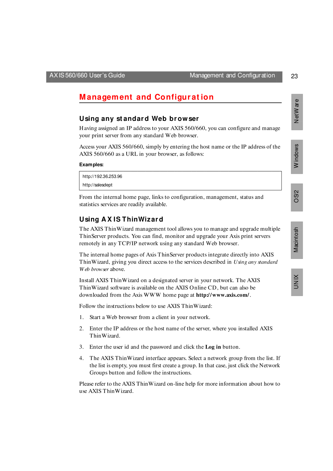 Axis Communications 660 manual Management and Configuration, Using any standard Web browser, Using Axis ThinWizard 