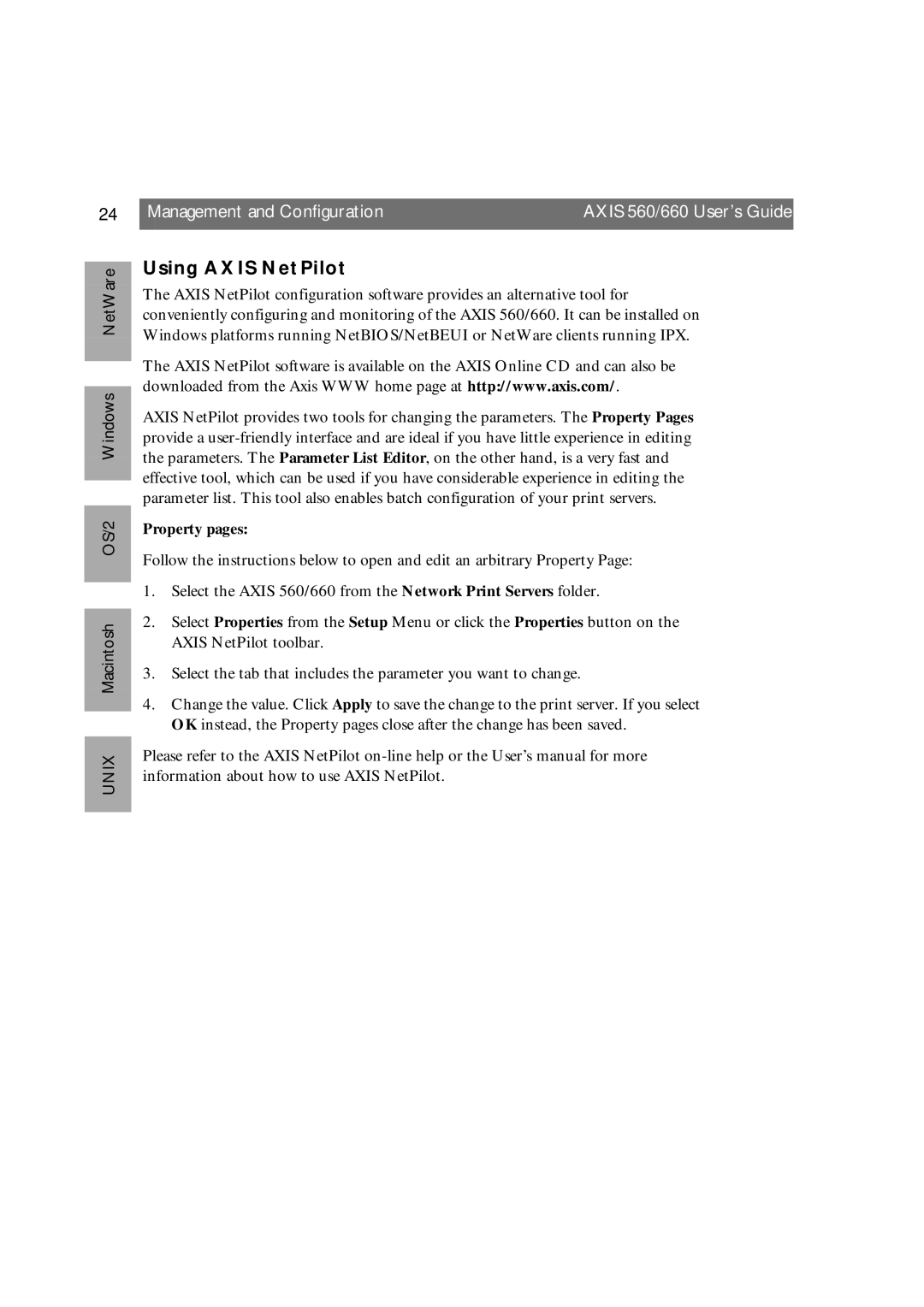 Axis Communications 660 manual Using Axis NetPilot, Property pages 